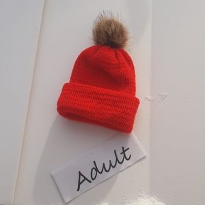 Candy Apple double knit ladies hat w Brown Pom